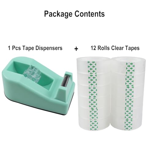 Aacehlh Desktop Tape Dispenser,1 Pack Green Tape Dispensers with 12Rolls Transparent Tape, for Packaging in Office,Restaurant, Flower Shop,Cake Shop (Green)