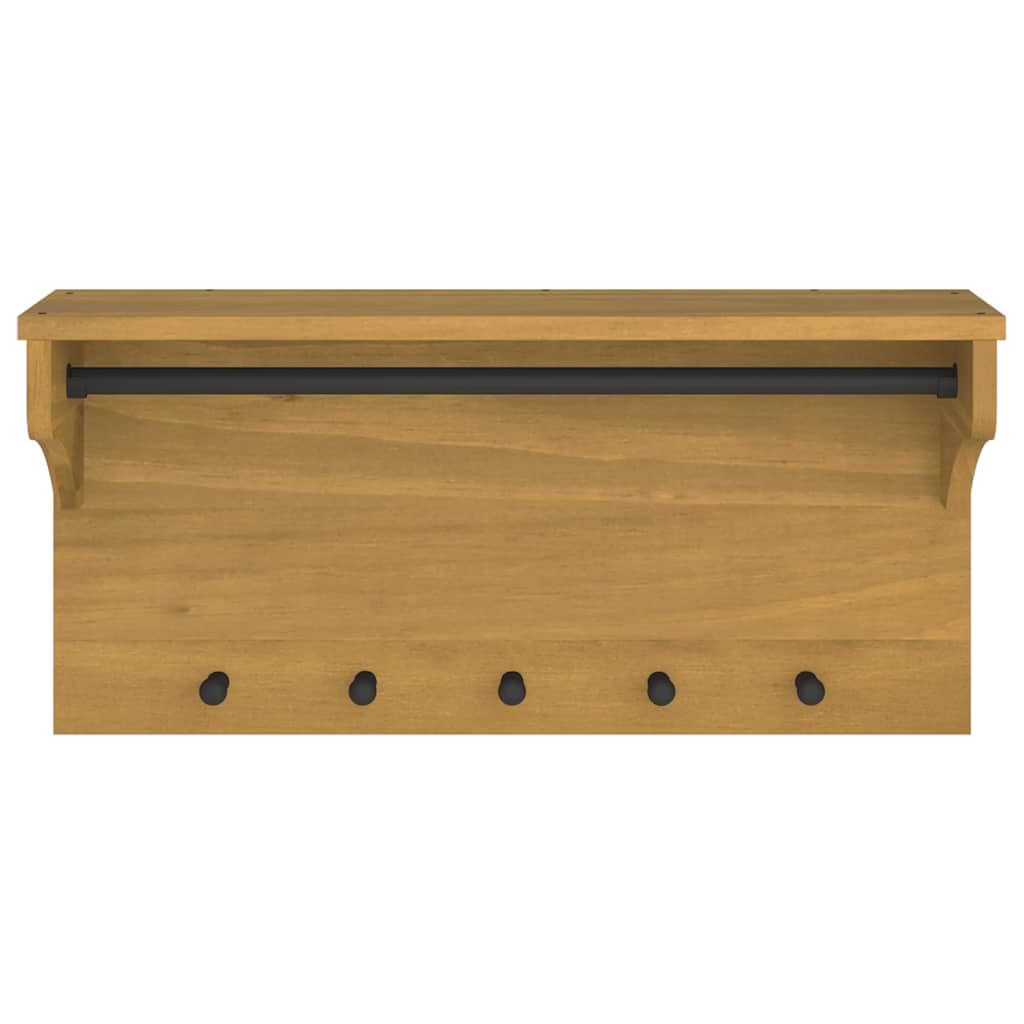 Garderoba ścienna Sandnes z litego drewna sosnowego, garderoba do przedpokoju z półką na kapelusze i 5 haczykami, rustykalny design o wyglądzie orzecha włoskiego, 87 x 30 x 42 cm