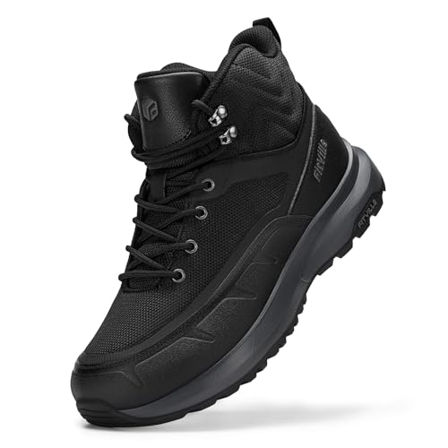 FitVille Wide Mens Boots, Orthopedic Extra Wide Men's Hiking Boots Mid Height Boots Outdoor Trekking Backpack Shoes for Men, Arch Support & Shock-Absorbing, Durable Upper (Black, 12 Wide)