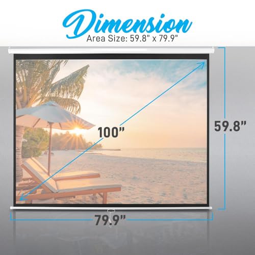 Image of Manual Pull Down Projector Screen - Universal 100-inch Roll-Down Pull-Down Retractable Manual Projection Screen w /Auto-Locking, Adjustable Screen Height, Black Masking Border - PyleHome PRJSM1006