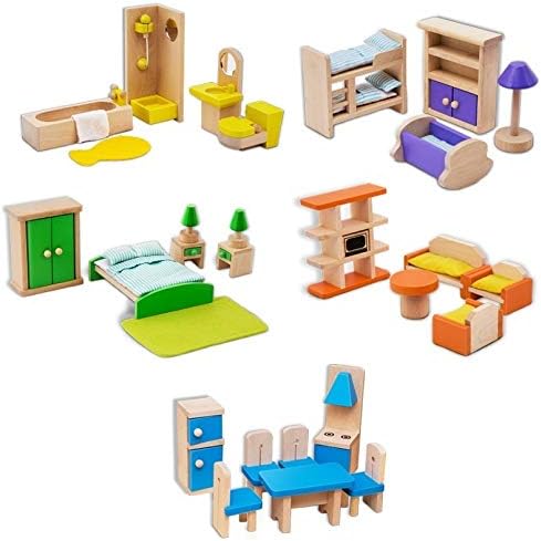 5 Sets of Colorful Wooden Dollhouse Furniture Including Kitchen, Bedroom, Kids Room, Bathroom, Dining Room for Dollhouse