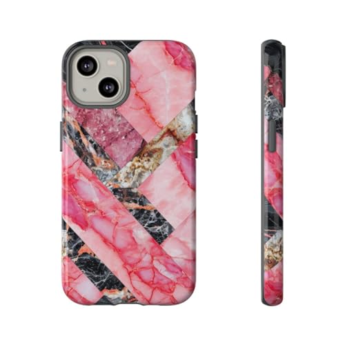 Coque rigide iPhone 14 marbre noir rose géométrique anti-rayures