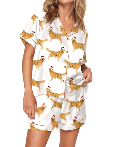 Image of SHESHOW Satin Pajamas for Women Set Preppy Animals Pjs Short Sleeve Shorts 2 Piece Loungewear Sets XS-XXL