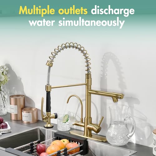 Image of Fapully Brushed Gold Commercial Kitchen Faucet with Pull Down Sprayer | Water Filter Spout,3 in 1 Kitchen Faucets with Drinking Water Faucet for 1 or 3 Holes Sink