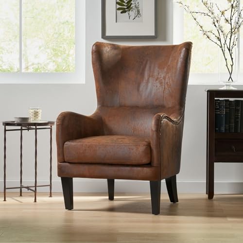 Merax Club Accent Upholstered Wingback Chair with High-Back, Mid-Century Modern Arm Reading Lounge Lazy Side Sofa Seating for Living Room, Corner, Bedroom, Dorm, Retro Cowboy, Brown by Merax - Image 7