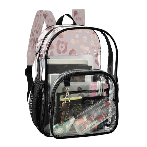 Clear Backpack Transparent School Backpack Heavy Duty PVC Bookbag Leopard Print Cheetah Rose Gold for Stadium Events and Concert Work Sport Event Heavy Duty2