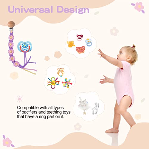 Image of Pacifier Clip for Boys Girls Floral Daisy Macrame Paci Clip Pacifier Holder Leash Boho Wooden Clips Handmade Braided Cotton Unisex Baby Shower Birthday Gift