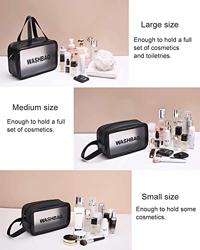 Image of KASHIVAL 3-Piece Clear Travel Toiletry Bags Set, Waterproof Transparent Makeup Organizer Pouches with Zipper, Large Medium Small Cosmetic Storage Cases with Carrying Handle (Black)