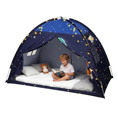 Redants Twin Bed Tent Canopy, Space Indoor Blackout Privacy Toddler Bed Tent for Kids with Light, Portable Sleeping Floor Kids Playhouse (Blue, Twin Size)