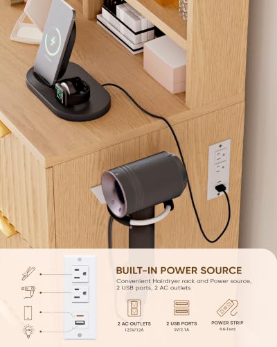 Image of LIVELYGLOW 35.4 inch Wooden Makeup Vanity Set with Charging Station & Stool | Smart LED Mirror, Fluted Design, Cushioned Stool, Hairdryer Rack