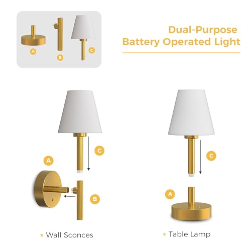 Image of L LOHAS LED Battery Operated Wall Sconce & Table Lamp Set of 2, 10000mAh Battery Powered Dimmable Wall Lamp with App, 15 DIY Color, Wireless Sconces Wall Decor for Living Room, Bedroom, Gold