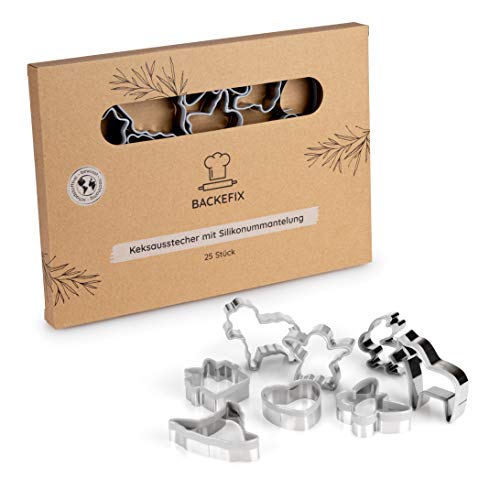 Backefix Ausstechformen Set für Ostern - sichere Keksausstecher ohne scharfe Kanten mit Silikon Schutz - Osterei, Hase, Lamm, 4 Saison Motive, grau 25 Stück Cover