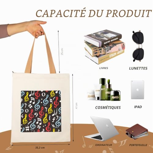 KingPoint Sac fourre-tout à motif de notes musicales - Sac à bandoulière - Pour femme - Grand sac de shopping en velours - Capacité importante - Sac à main décontracté pour amateurs de musique, 64.5 – vue 2