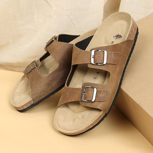 Image of HF JOURNEY Men's Vasco Double Strap Cork Footbed Sandals - Adjustable Buckle Slip-On Comfort Slides (Size 41-46)