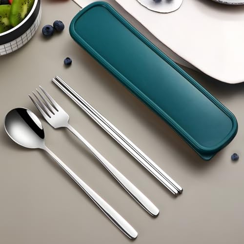Image of BonZeaL Stainless Steel Silver Cutlery Set 3 Pieces Spoon Fork Chopstick Set Premium Silverware Set Flatware Set with Box Dinnerware Tableware Set Portable Travel Cutlery Set Gift for Travellers
