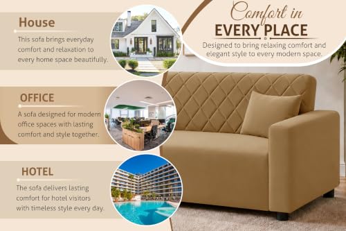 Image of Rosebell 3 Seater Wooden Sofa for Living Room, Modern Fabric Upholstered Sofa with Quilted Backrest, Cushioned Seating, Padded Armrests & Sturdy Wooden Frame - Golden