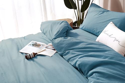 Image of F.Y.Dreams 100% Washed Cotton Duvet Cover for Weighted Blanket 60x80 inches with 16 Ties, Zipper on Long Side /Slate Blue /Just Duvet Cover