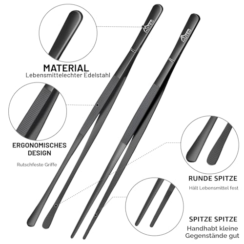 Hotec Edelstahl-Kochpinzette, professionelle Küchenzange zum Kochen, Grillen und Backen, extra lange Lebensmittelpinzette, Set von 2 - 30,5 cm, Schwarz, NZ-B02 5