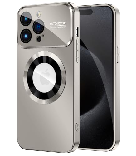 MAKAVO Funda magnética para iPhone 15 Pro MAX, Compatible con MagSafe, Protector de Lente de cámara Integrado, Vista de Logotipo, Funda de teléfono a Prueba de caídas de Grado Militar, Gris Titanio