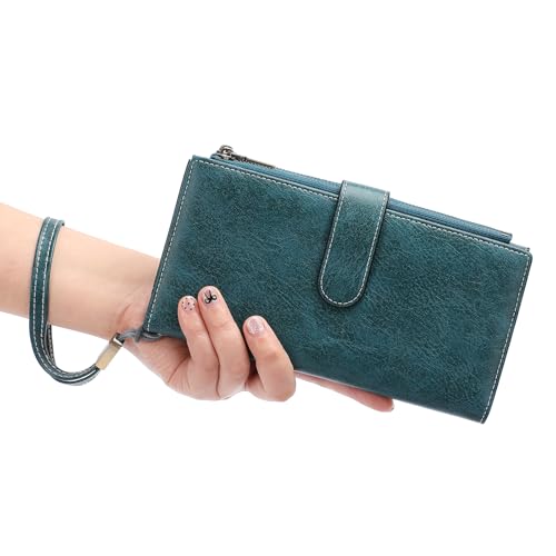 Image of GOIACII Large Wallet for Women Leather Wristlet Teal | RFID Blocking, Multi-card Slots, Detachable Wrist Strap, Trifold Clutch Purse