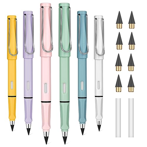 OFFCUP 6 PCS Inkless Pencil, Infinity Pencil with 6pcs Replacement Nibs and 2pcs Eraser, Reusable Everlasting Pencils