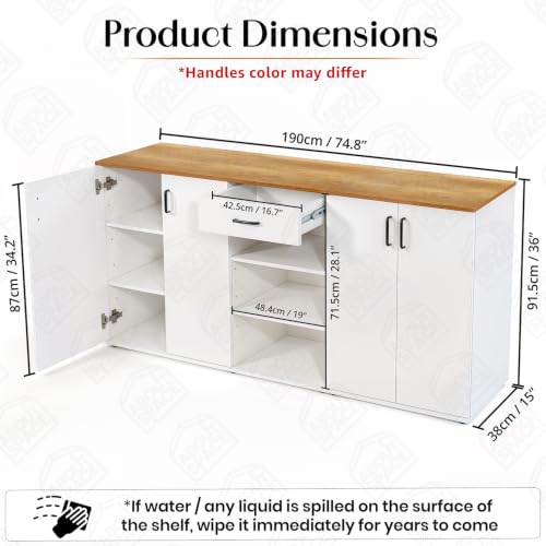 Image of ABOUT SPACE Kitchen Storage Cabinet - 6 ft Long Sideboard with 4 Doors, Drawer & Open Shelves, Adjustable Shelves, Crockery Cabinet & Kitchen Organizer Rack (CM Oak & White Marble- 190x38x91.5 cm)