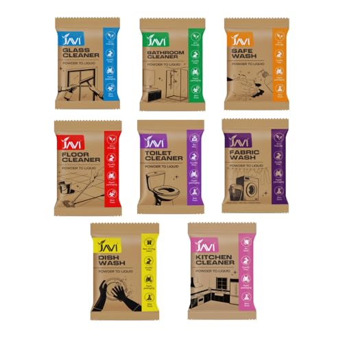 Image of JAVI Plant-Based Powder-to-Liquid Cleaners | Natural, Organic, Biodegradable, Eco-Friendly | 8 in1 Combo (Floor, Bathroom, Toilet, Glass, Fabric, Dish Wash, Safe Wash & All Purpose Cleaner)(4 Liter)