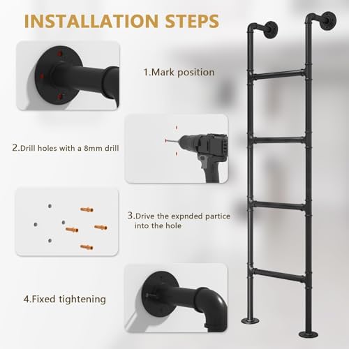 Heavy-Duty Black Bunk Bed Ladder - Emergency Egress for Window Well - Wrought Iron Indoor/Outdoor Climbing Ladder - Customizable Size (6.4ft / 1.95m)