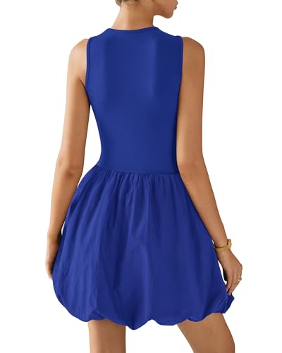 Image of KIRUNDO Summer Dresses for Women 2026 Cute Mini Sleeveless Bubble Dress | Stretchy Ruched Front Cinched Waist, Woven Balloon Skirt, Crewneck Tank Sundress With Pockets, Casual Party Vacation Outfits