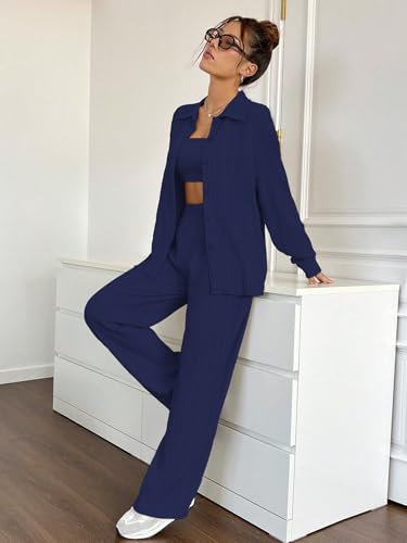 Image of Shasmi Women's 3-Piece Co-ord Set - Solid Button Front Shirt, Strapless Tube Top & Wide Leg Pants | Casual Loose Fit Western Outfit for Daily Spring /Fall Wear (Co-Ord-208)