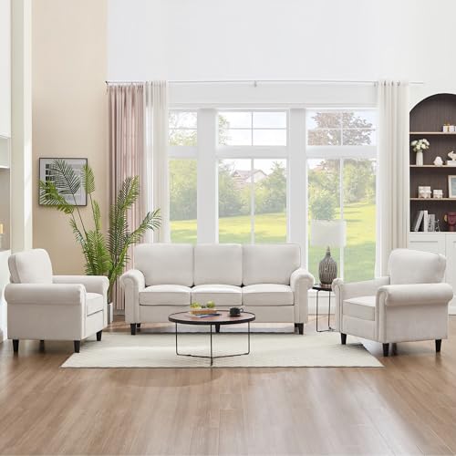 Image of Kingfun 3 Seater Couch with Chair, Mid Century Modern Sofa Set with Rolled Arms and Deep Seats, Fluffy Comfort for Living Room, Apartment, Easy Assembly, Beige