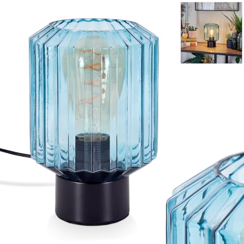 Tischleuchte Moruja, Tischlampe aus Metall/Glas in Schwarz/Blau, Leuchte im modernen Vintage/Retro-Design mit Schirm aus Glas (Ø 13 cm) u. An/-Auschalter am Kabel, 1 x E27, ohne Leuchtmittel