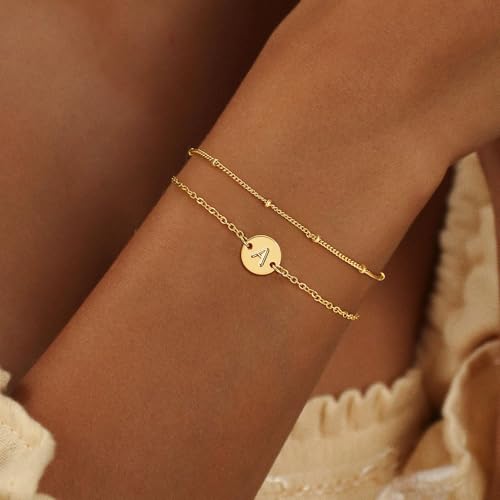 Initial Bracelets for Women Trendy - 18K Gold Plated Letter Bracelet Dainty Disc Monogram Charm Bracelet Gifts2