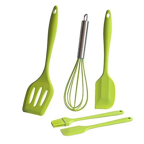 Silicone Rubber Kitchen Set 5PCS (Small Spatula + Large Spatula + Egg Beater + Spatula + Small Oil Brush) Baking Tools Green