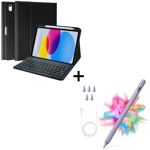 Image of iPad 10th Gen 2022 iPad 10.9 inch Case with Keyboard (Black) Bundle with Stylus Pen for iPad, Apple Pencil for iPad 2018-2023 with Palm Rejection (Purple)