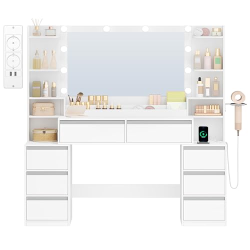 HEXCELEN 135cm Coiffeuse avec Miroir, Table de Maquillage avec 3 Lumières LED à Luminosité Réglable, Prises de Courant, Support pour Sèche-Cheveux, 8...