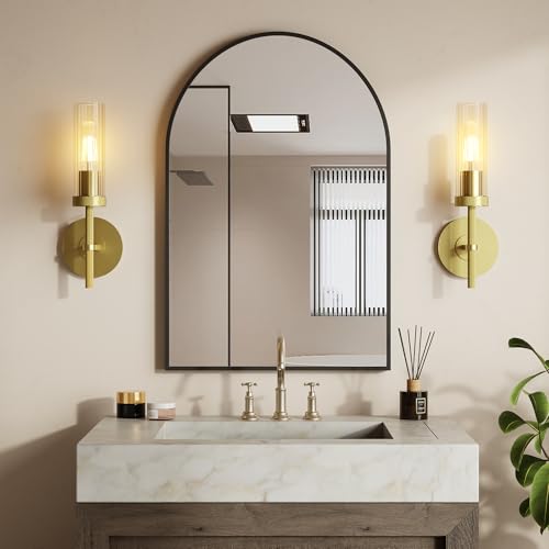 Image of Wall Sconces Set of 2 (with 2 Bulbs), Modern Bathroom Wall Sconces Lighting with Thickened Glass, Hardwired Wall Mount Light Fixtures for Bathroom, Bedroom, Hallway, Living Room(Gold)