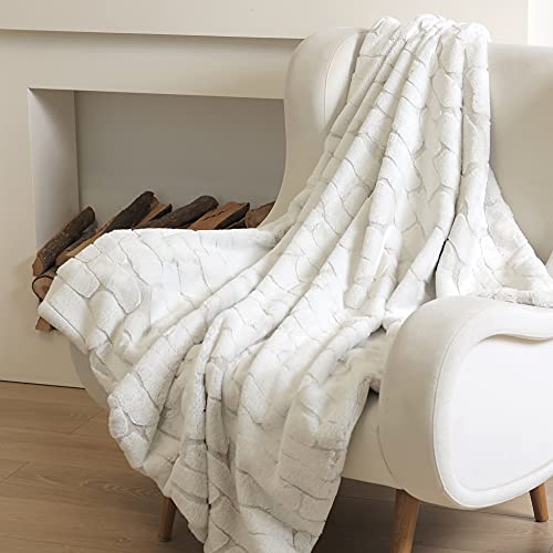 Snuggle Sac Plush Faux Fur Throw Blanket, Warm And Cream Fuzzy Blanket With Marble Pattern Print, Decorative Blanket For Couch Sofa Chair Bed Living Room, 50" X 60", White #TOP4