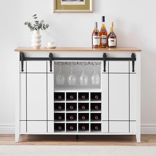 Image of Farmhouse Sideboard Buffet Cabinet with Sliding Barn Doors, Coffee Bar Cabinet with Adjustable Shelves, 16-Bottle Wine Storage & Glass Holder for Dining Room, Living Room,White