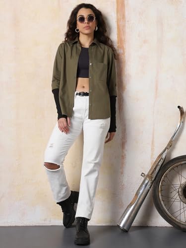 Image of HIGH Star Oversized Solid Cotton Shirt for Women | Stylish Tops for Women | Comfortable and Trendy Casual Shirt