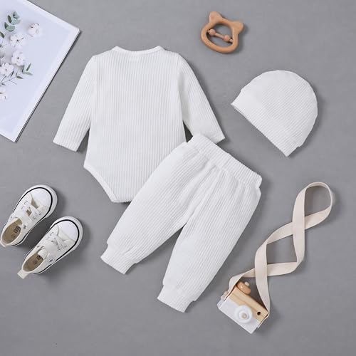 YALLET Baby Boy Clothes Newborn Infant Boy Outfits 3PCS Letter Print/Solid Color Rompe Pants Hat Fall Winter Clothing 0-18M3