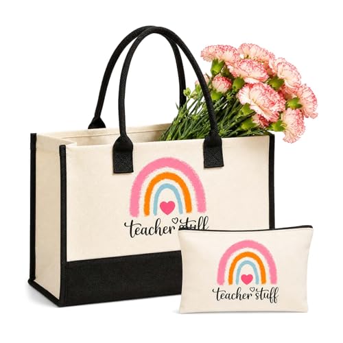RUHSNJK Teacher Gifts 2 Piece Large Teacher Tote Bag and Pouch Set Rainbow Teachers Stuff Design for School Work Travel Appreciation Presents for Women Teachers End of Term