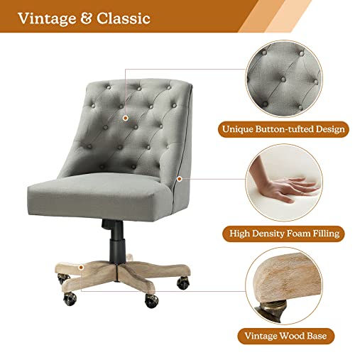 Modern Tufted Armless Home Office Chair, Comfy Upholstered Desk Chair With Mid-Back, Height Adjustable Swivel Computer Task Chair (Vintage Wood Base, Grey) #TOP5