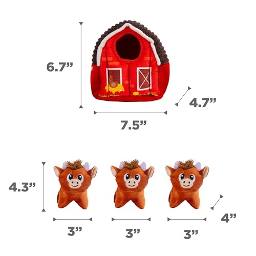Image of Outward Hound Hide-A-Cow Dog Toy, 2-in-1 Interactive Hide & Seek Plush Puzzle with Barn & 3 Squeaky Highland Cows