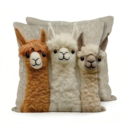 PLUSHCEWT 2er Set Kissenbezüge Niedliche 2D Alpaka-Motiv Kissenbezug Dekorativer Wurfkissenbezug 45 x 45 cm Leinen Kissenbezug Für Sofa Wohnzimmer Schlafzimmer (A)