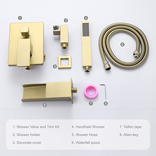 Taplong Wall Mount Bathtub Faucet With Hand Held Sprayer, Single Handle Tub Filler With Hand Shower, 3 Holes Contemporary Waterfall Tub Faucet (Rough-In Valve And Trim Kit Included), Brushed Gold #TOP6
