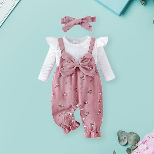 BeQeuewll Fall Winter Baby Girl Clothes Newborn Romper Floral Print Fake Two Pieces Bow Jumpsuit Baby Coming Home Outfit2