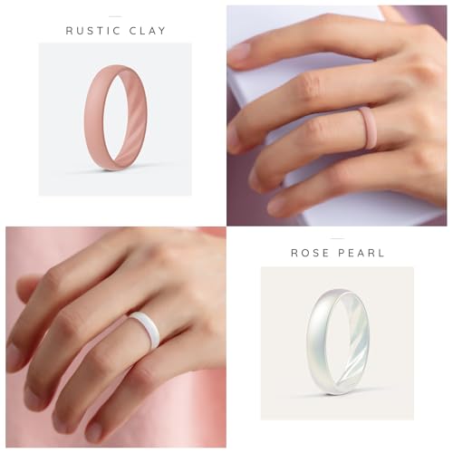 ThunderFit Silicone Ring Wedding Bands for Women, Elegant Wavy Grooves, 4mm Wide, 1.6mm Thick, Breathable, Women's Rubber Engagement Rings, 8-Pack (Pack A, B, C)3