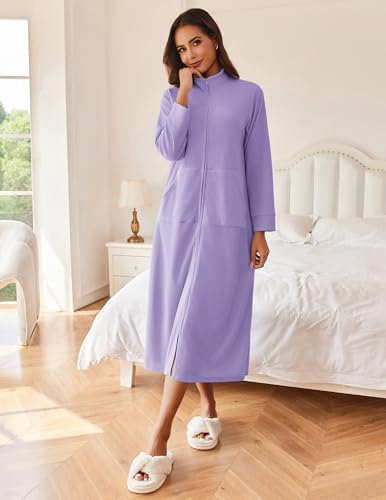 Image of Ekouaer Women Zipper Robe Long Sleeves House Coat Soft Bathrobe Sleepwear with Pockets Housecoat Loungewear