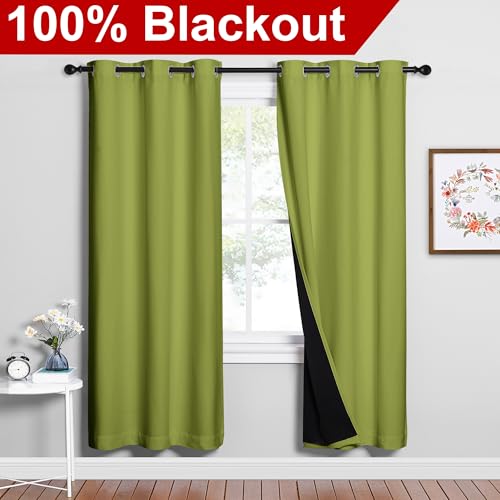 Image of NICETOWN 100% Blackout Window Curtain Panels, Fresh Green, 2 Pieces, 42-inch Wide Per Panel, Full Light Blocking Drapes with Black Liner for Nursery, 72-inch Drop Thermal Insulated Draperies